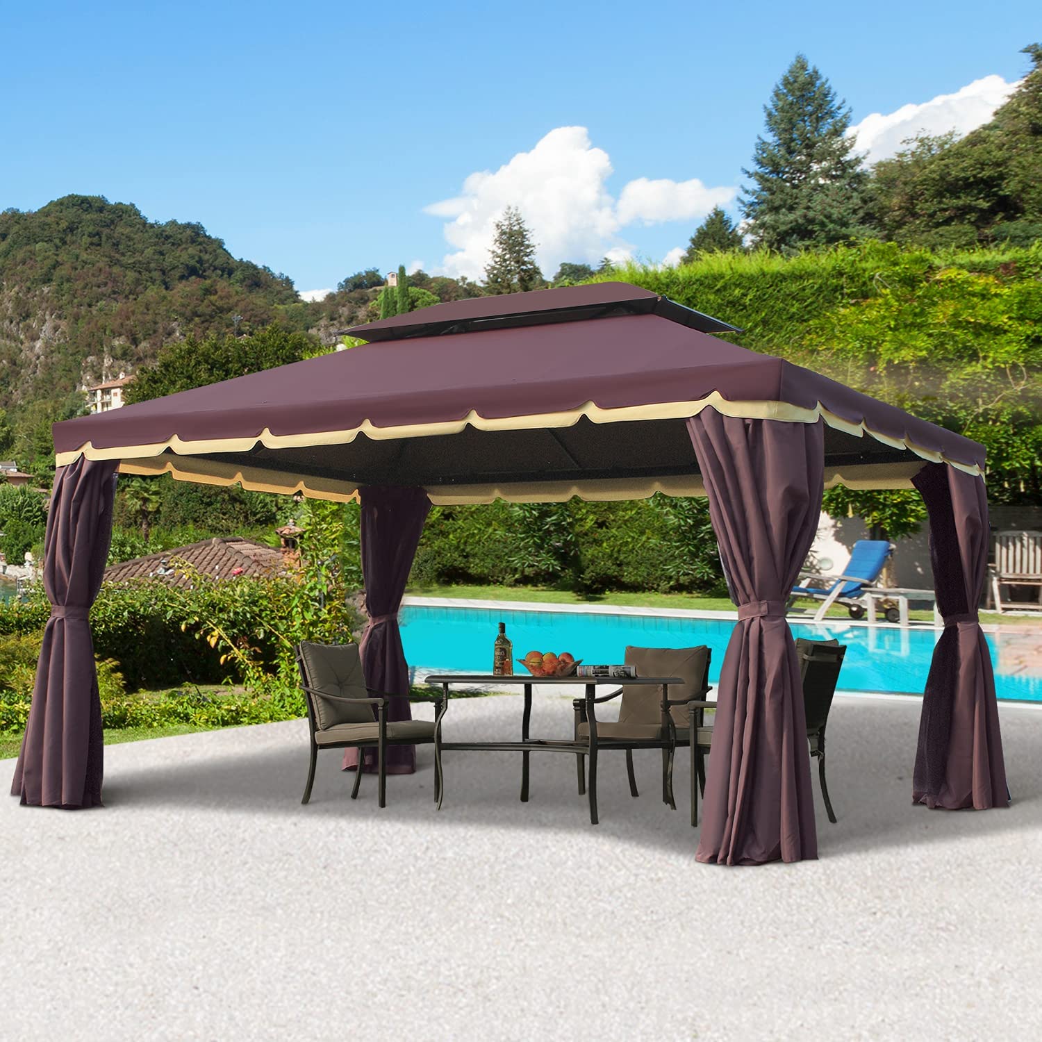 Garden Gazebo, with Ventilated Roof, 4 Side Curtains, Costa Blanca